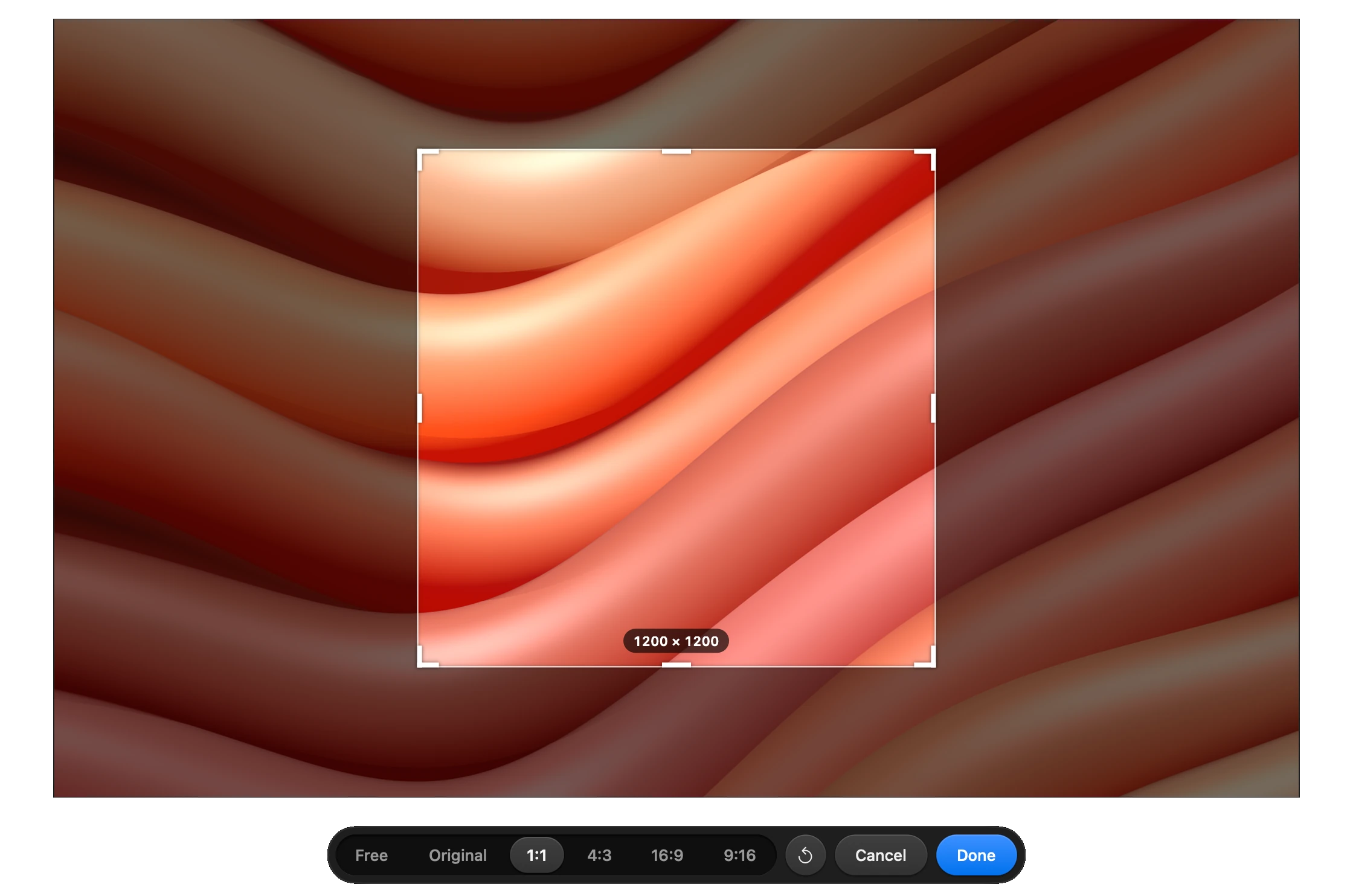 Cropping in Clap: a square box over the screenshot, its size in pixels, and the crop bar’s shapes