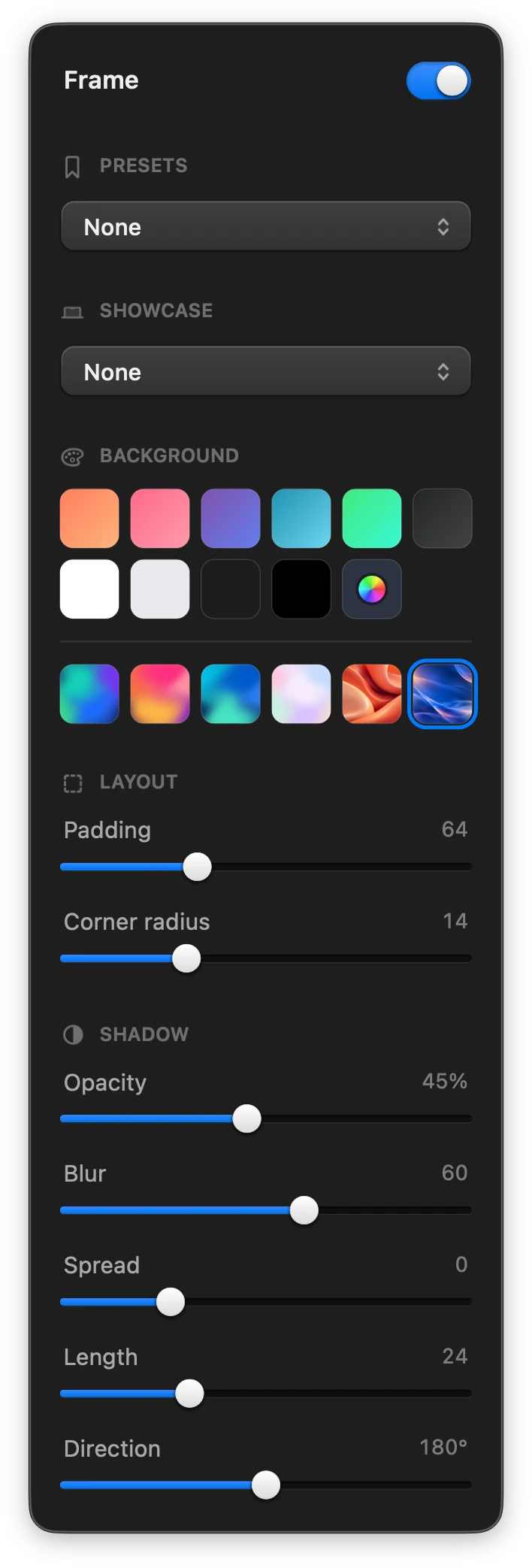 Clap’s Frame panel: presets, showcase, backgrounds, padding, corner radius, shadow