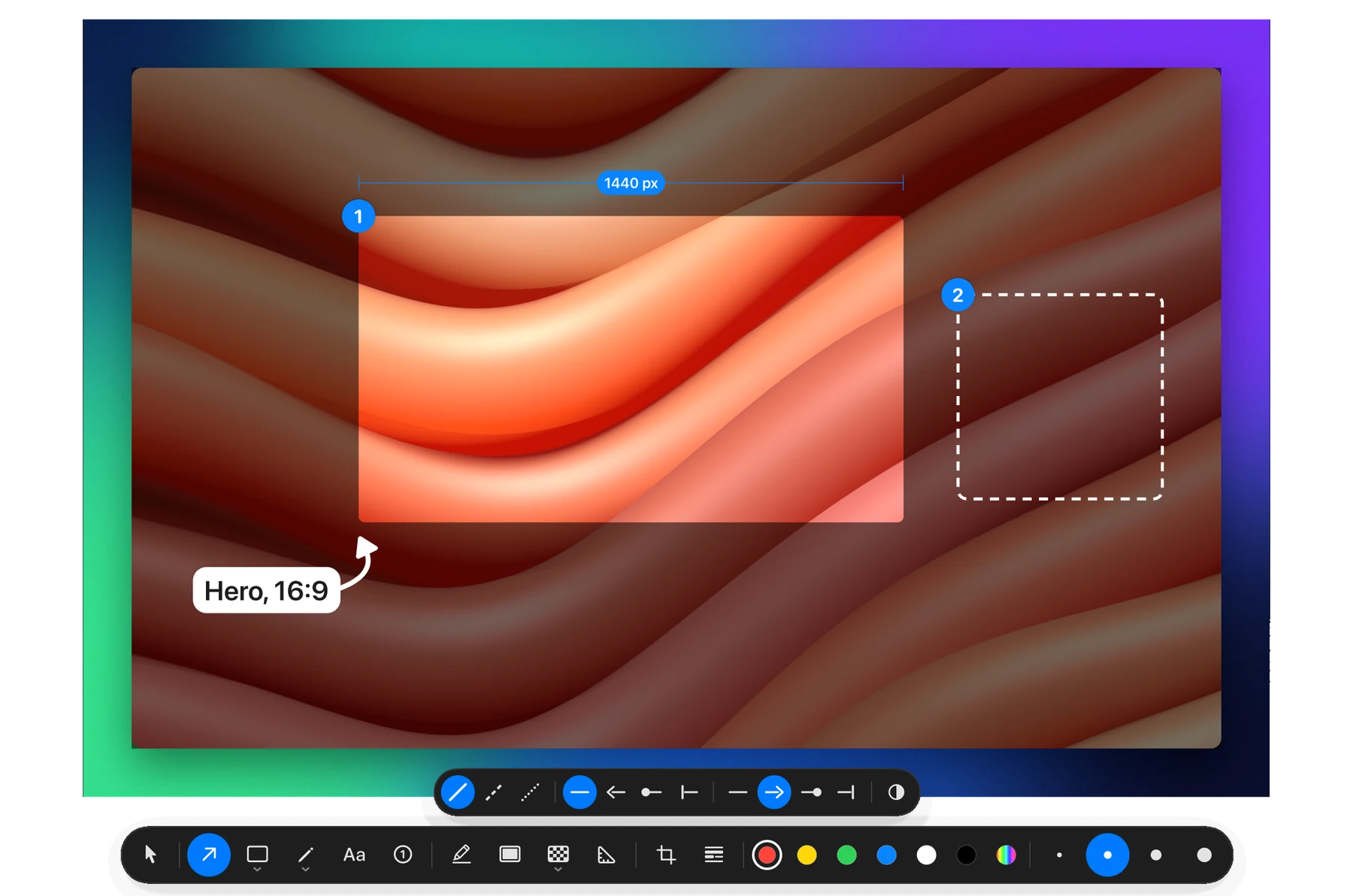 Clap’s screenshot editor marking up a screenshot: a 16:9 part of it spotlit as step 1 with its width measured, a dashed square as step 2, a label on a pill with a curved arrow to the first; the arrow’s styles and the editor’s tools below