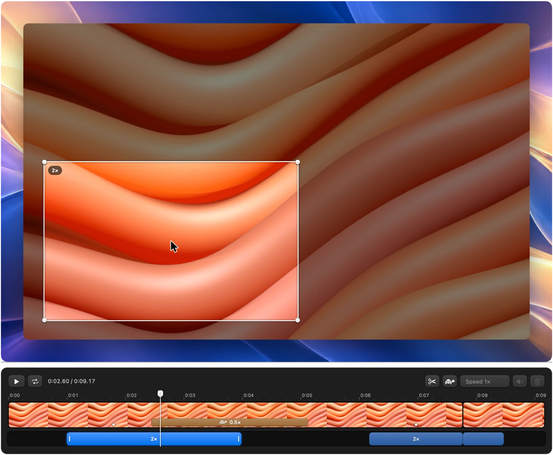 Clap’s recording editor: a zoom drawn over the recording, and the timeline with its zooms and a slow-mo