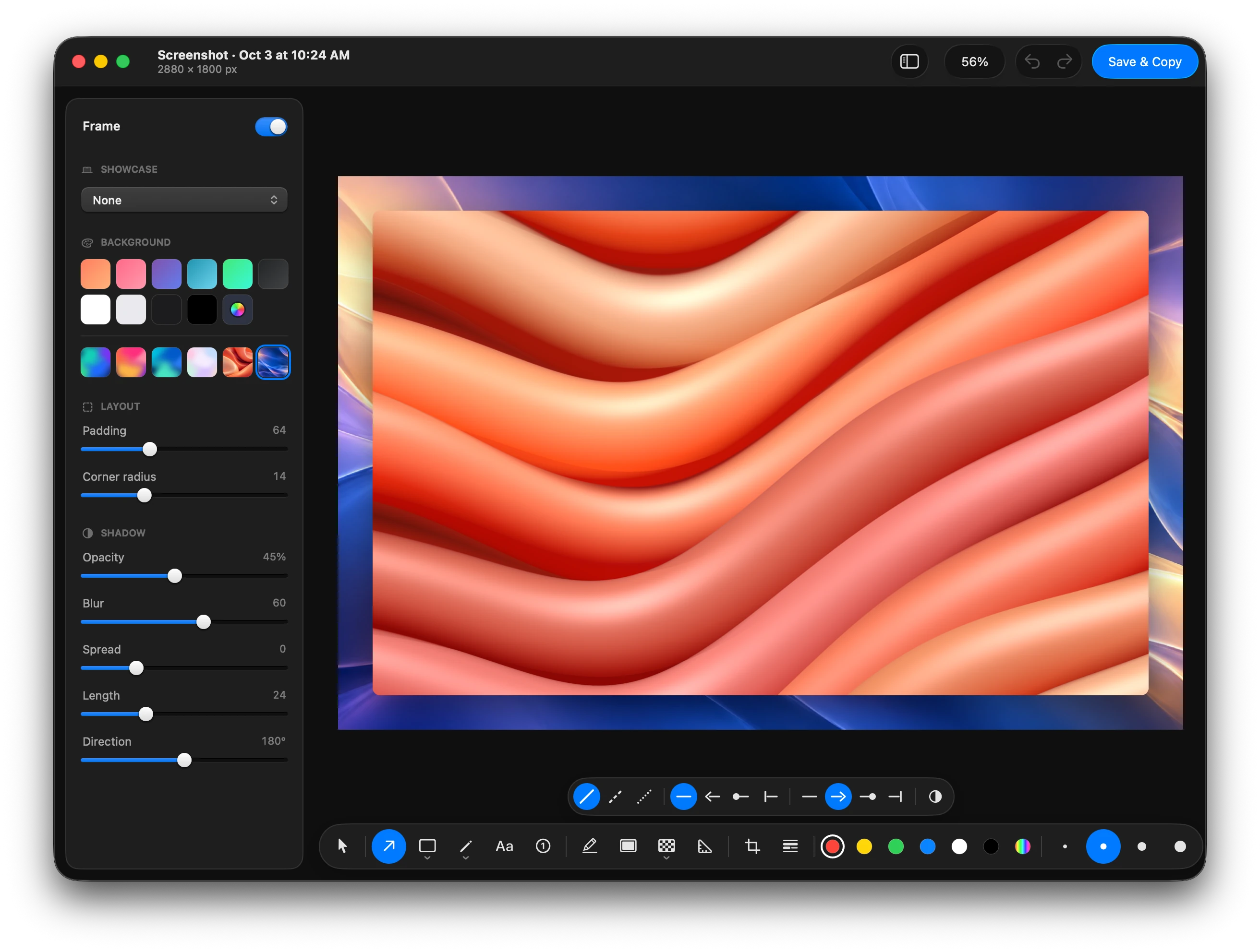 Clap’s screenshot editor: a screenshot framed on a blue and gold wallpaper, the Frame panel open, its tools in the dock below and the arrow’s styles over them.